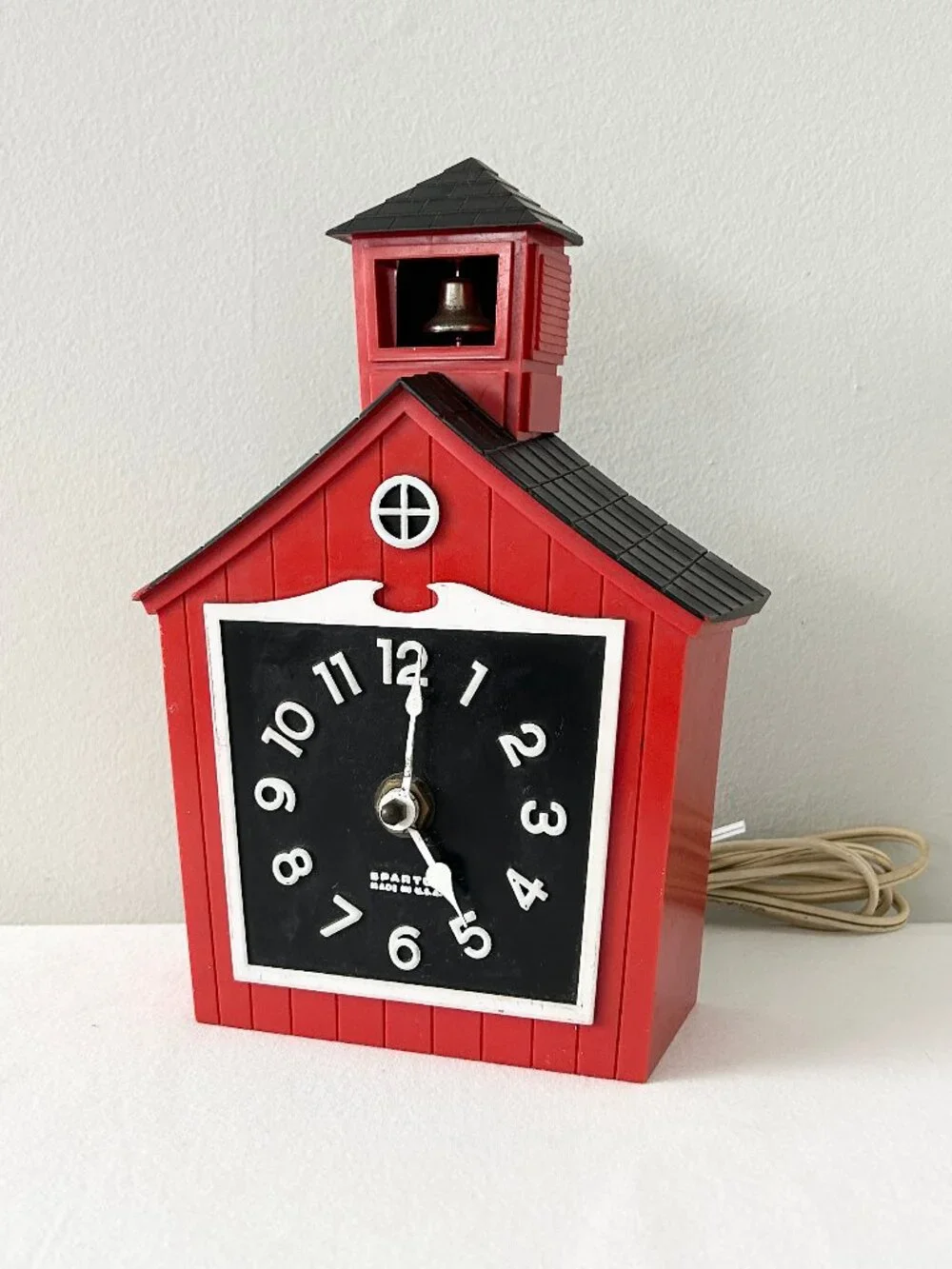 Vintage Spartus Red Schoolhouse Wall Clock Quartz Electric USA For PARTS REPAIR